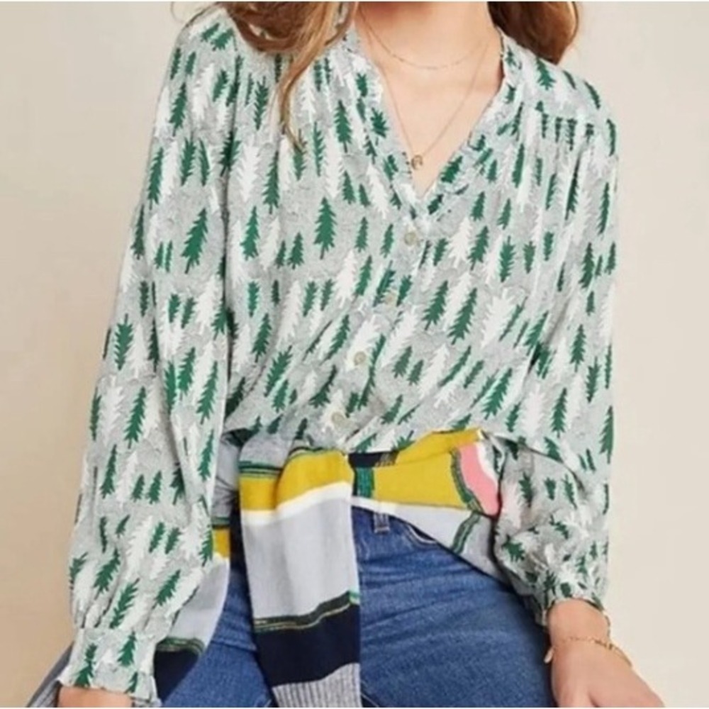 Anthropologie Maeve Blouse Womens 0 Marisol Ruffled Button Down Tree Print‎